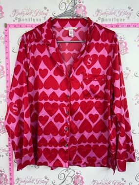 Victoria's Secret Red & Pink Heart Print Satin Pajama Top